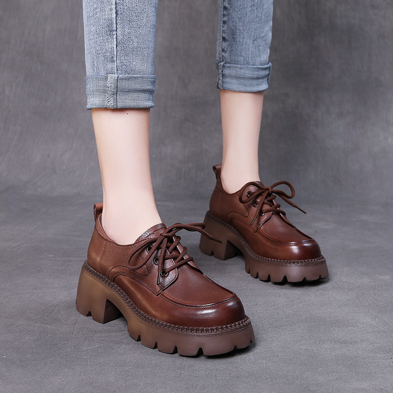Ženski kožni loafer s vezicama, s 6 cm visokim blok petom, debelom gazom, za sve sezone