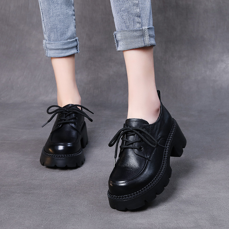 Ženski kožni loafer s vezicama, s 6 cm visokim blok petom, debelom gazom, za sve sezone