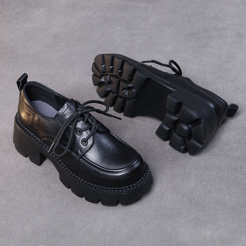 Ženski kožni loafer s vezicama, s 6 cm visokim blok petom, debelom gazom, za sve sezone