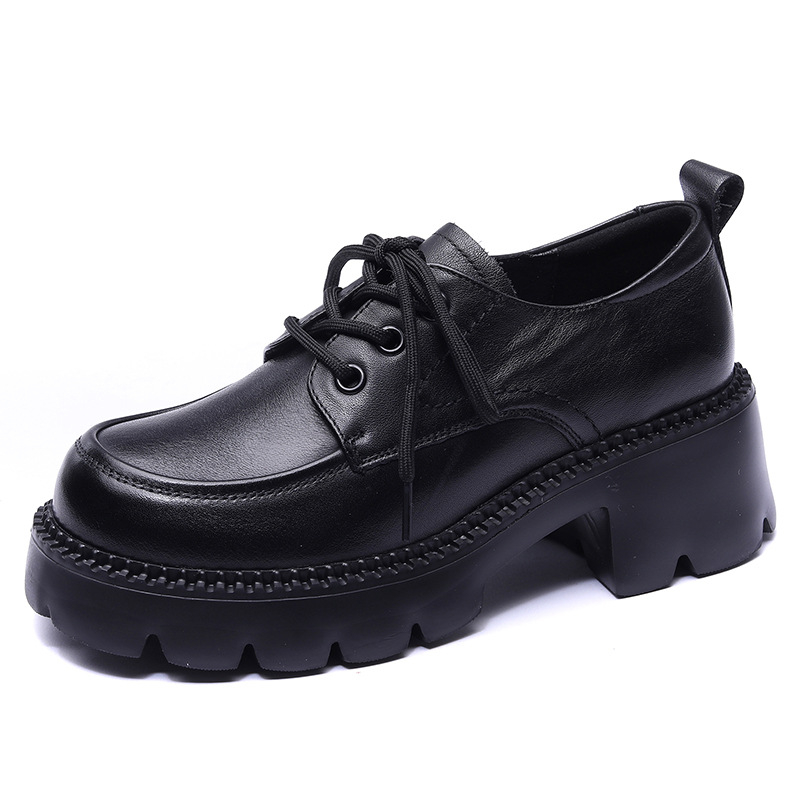 Ženski kožni loafer s vezicama, s 6 cm visokim blok petom, debelom gazom, za sve sezone