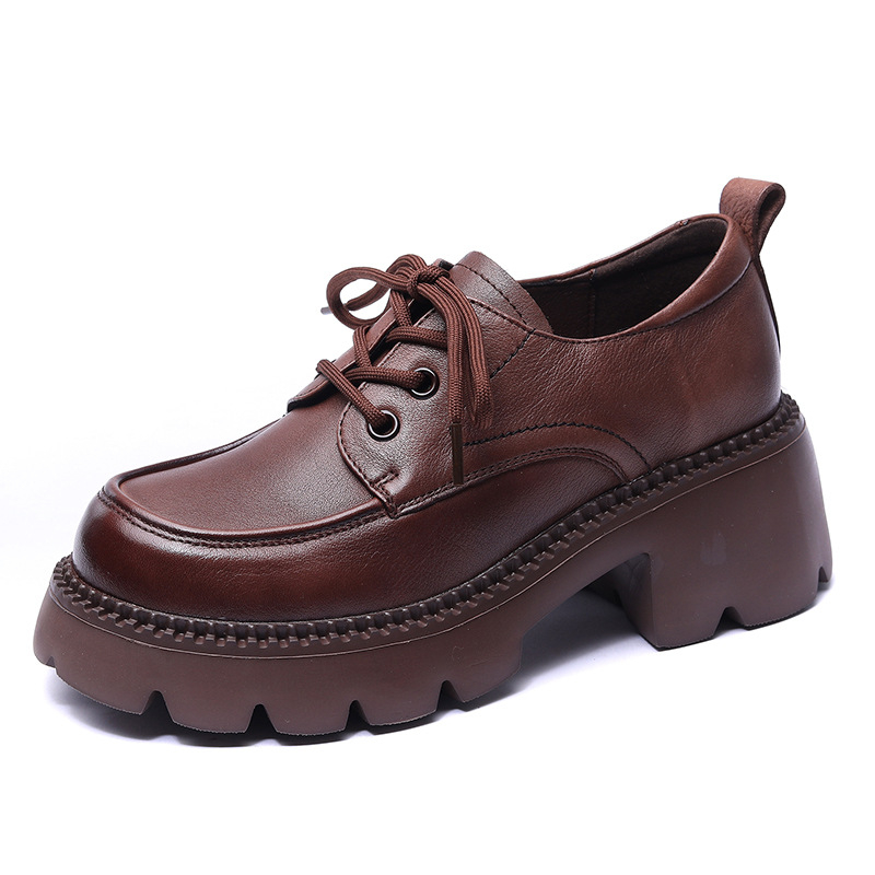 Ženski kožni loafer s vezicama, s 6 cm visokim blok petom, debelom gazom, za sve sezone