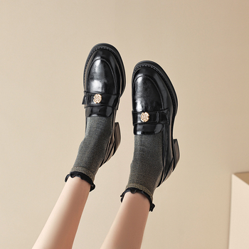 Ženski loaferi od meke kože s debelim petom, proljeće–jesen, britanski stil, okrugli vrh, slip-on, retro dizajn