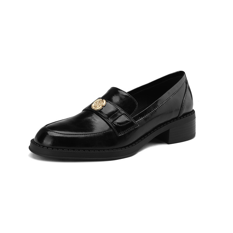 Ženski loaferi od meke kože s debelim petom, proljeće–jesen, britanski stil, okrugli vrh, slip-on, retro dizajn