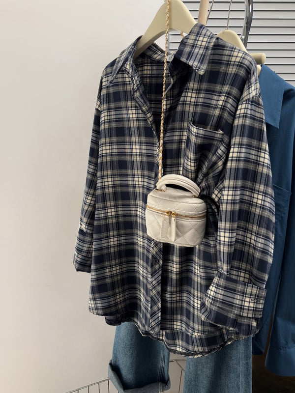 Ženska karirana košulja s mekanom teksturom, ležerni kroj, dugi rukavi, vintage casual stil