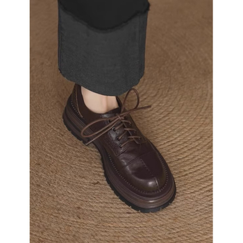 Ženske loaferice od oprane kože s debelim potplatom, vezanje, vintage britanski stil, zaobljeni vrh, svakodnevna obuća