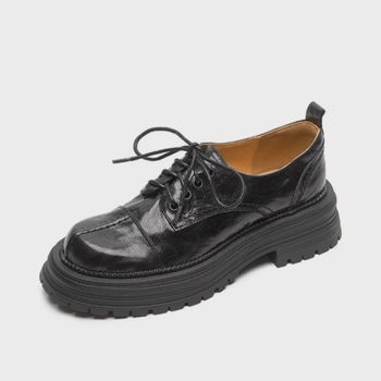Ženske loaferice od oprane kože s debelim potplatom, vezanje, vintage britanski stil, zaobljeni vrh, svakodnevna obuća