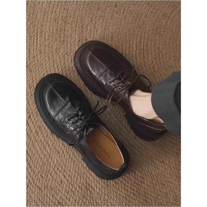 Ženske loaferice od oprane kože s debelim potplatom, vezanje, vintage britanski stil, zaobljeni vrh, svakodnevna obuća