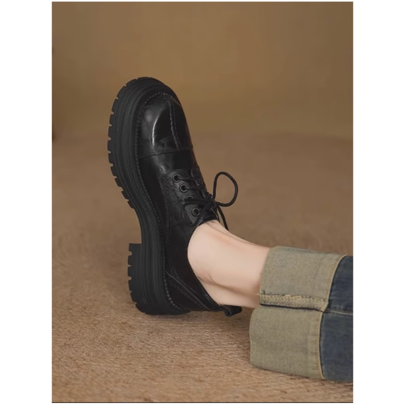 Ženske loaferice od oprane kože s debelim potplatom, vezanje, vintage britanski stil, zaobljeni vrh, svakodnevna obuća