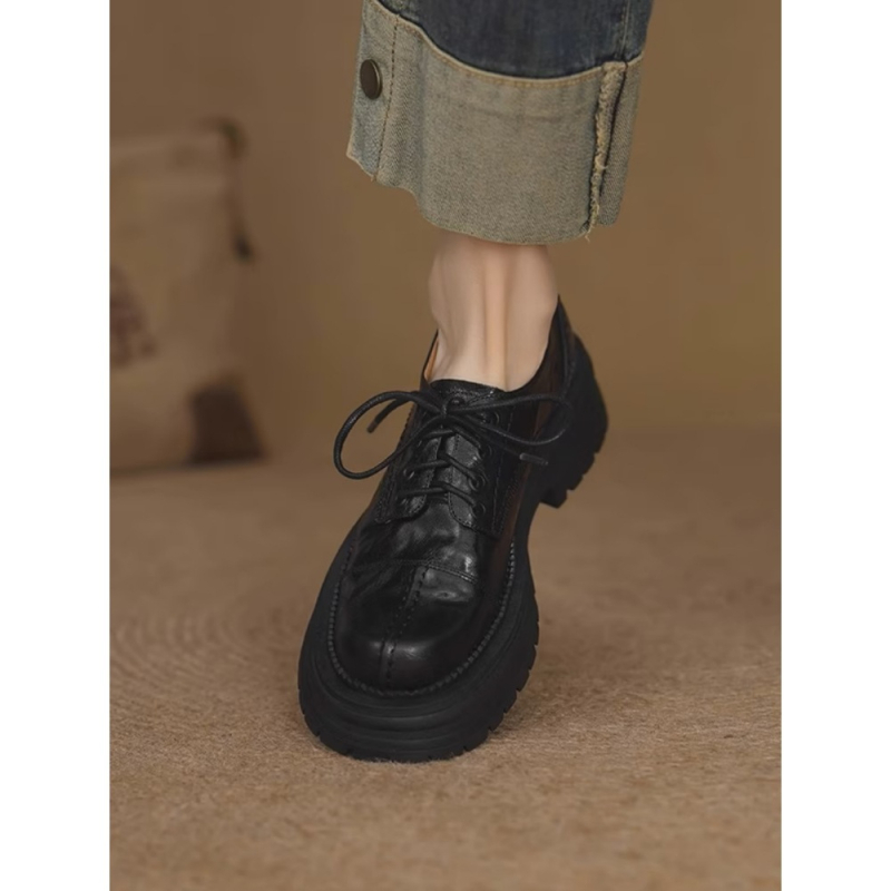 Ženske loaferice od oprane kože s debelim potplatom, vezanje, vintage britanski stil, zaobljeni vrh, svakodnevna obuća