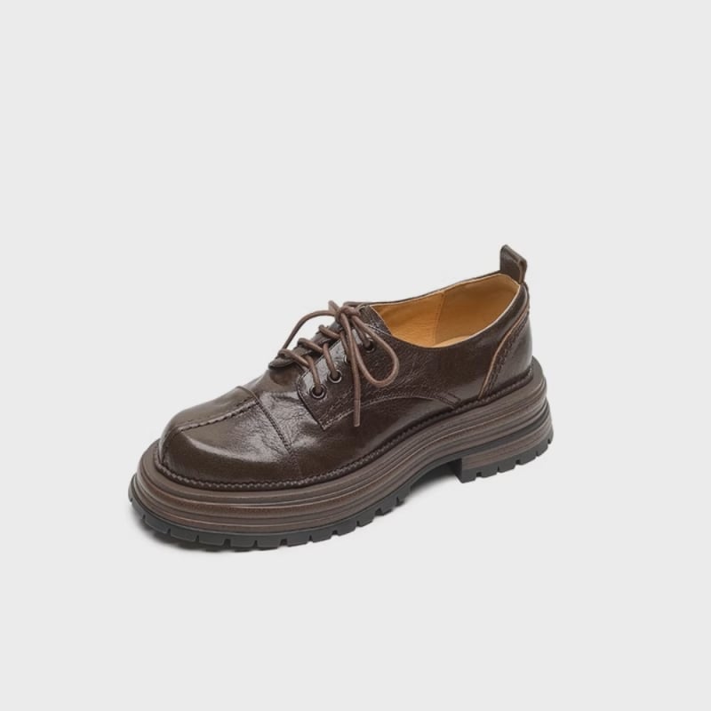 Ženske loaferice od oprane kože s debelim potplatom, vezanje, vintage britanski stil, zaobljeni vrh, svakodnevna obuća