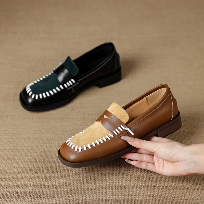 Ženske loaferice s kvadratnim vrhom, retro u blokovima boja i debelom potplatom, britanski stil, za sve sezone, 2025 novi model