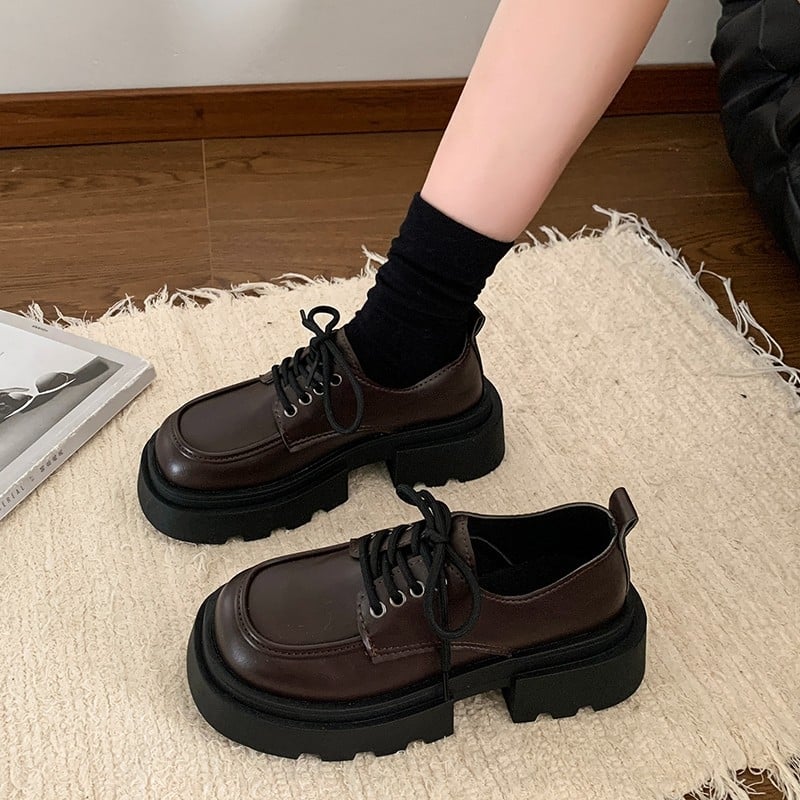 Дамски лофери Mary Jane с дебел под, британски стил, PU кожа, черни