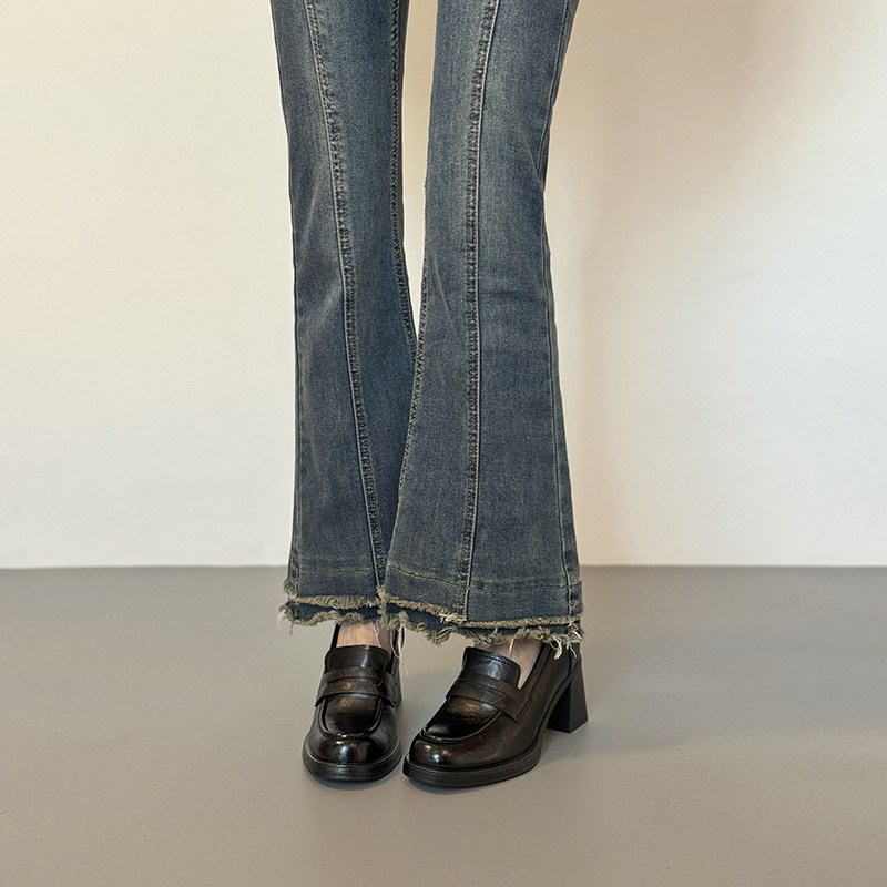 Дамски лоуфъри с дебел ток, ретро JK стил, обувки без връзки за ежедневието, кожени обувки за повишаване на височината