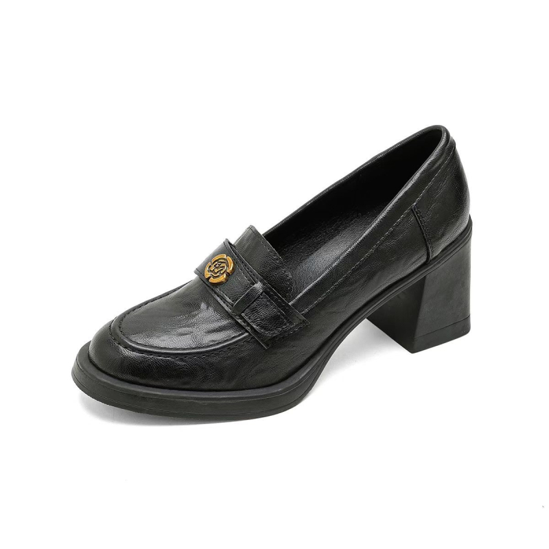Ženske loaferice od mekane kože s camellijom, slip-on, debeli potplat, britanski stil, prava koža, visina peta 6–8 cm
