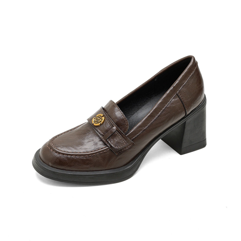Ženske loaferice od mekane kože s camellijom, slip-on, debeli potplat, britanski stil, prava koža, visina peta 6–8 cm
