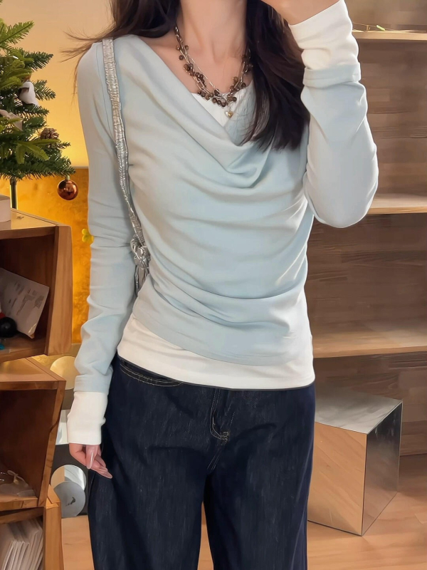 Ženska majica s swing ovratnikom i patchwork vunom, lažni dvodijelni dizajn, duge rukave, pamukasti T-shirt top, uski kroj, proljeće 2025
