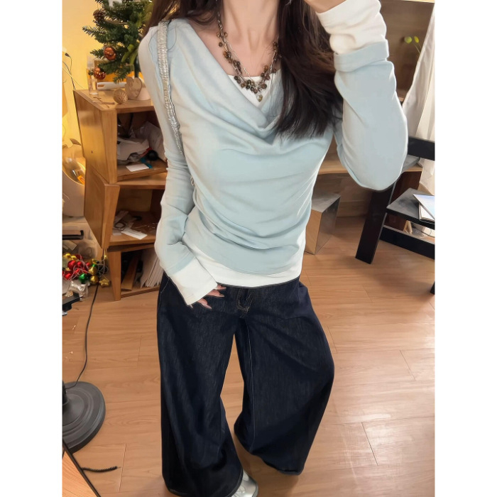 Ženska majica s swing ovratnikom i patchwork vunom, lažni dvodijelni dizajn, duge rukave, pamukasti T-shirt top, uski kroj, proljeće 2025