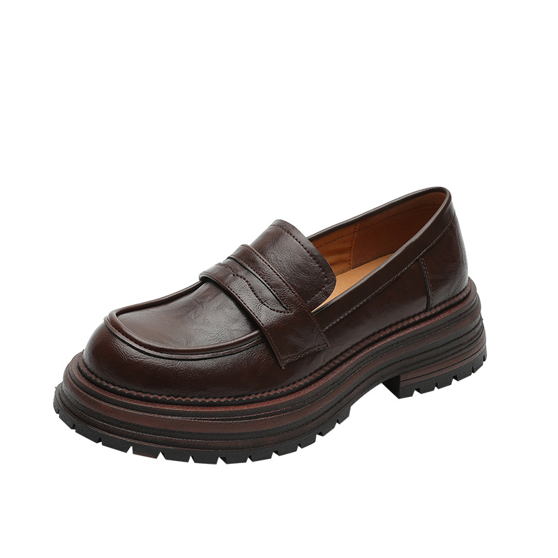 Ženske cipele s debelim potplatom u britanskom stilu, okrugli vrh, slip-on, gornji dio od mikrovlakana, retro chunky potpetice, proljeće-ljeto 2024