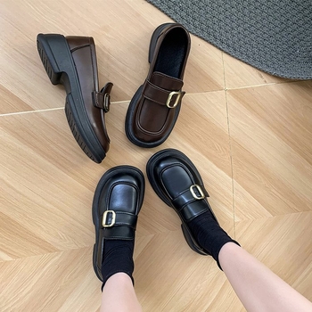 Női bőr loafer cipők, 2025-ös új modell, retro brit stílus, vastag sarok, slip-on, mindennapi viselet diákoknak