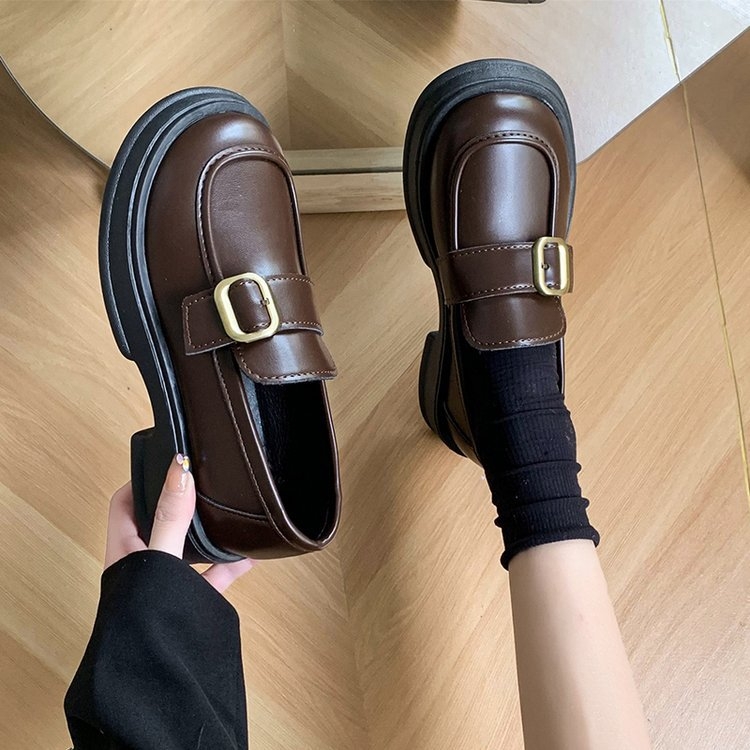 Női bőr loafer cipők, 2025-ös új modell, retro brit stílus, vastag sarok, slip-on, mindennapi viselet diákoknak
