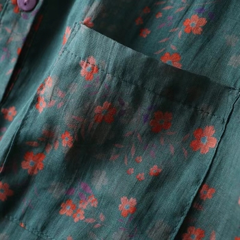 Női pamut–len rövid ujjú ing virágmintával, gallérral, laza szabás, irodalmi-retro stílus, nyár 2025