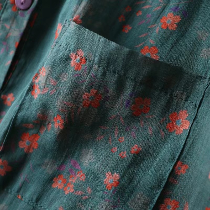 Női pamut–len rövid ujjú ing virágmintával, gallérral, laza szabás, irodalmi-retro stílus, nyár 2025