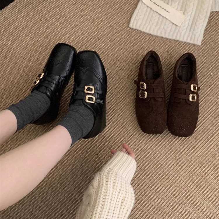 Modni ženski loaferi s unutarnjim podizanjem od 3 cm, zimski britanski stil, kvadratni vrh, brogue, s plišanim podstavom, retro 2025