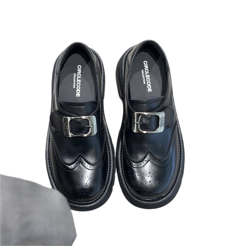 IG Laixini Ženske kožne cipele 2025, britski retro brogue s graviranim ukrasima i kopčom za remen, slip-on loafer