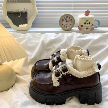 Ženske britskog stila loaferice s plišastom podstavom, debelim potplatom, retro Mary Jane kožne cipele