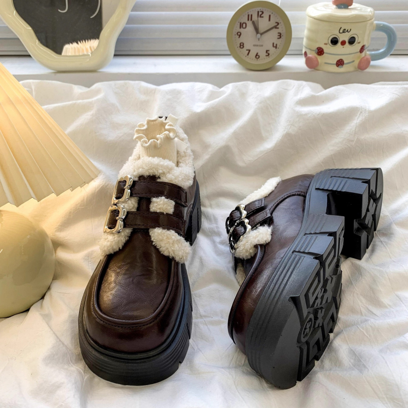 Ženske britskog stila loaferice s plišastom podstavom, debelim potplatom, retro Mary Jane kožne cipele
