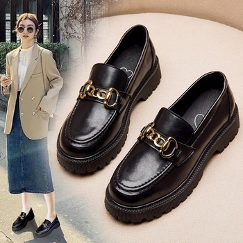 Crni ženski loaferi s platformom u britskom stilu, slip-on, PU koža, srednji pet.