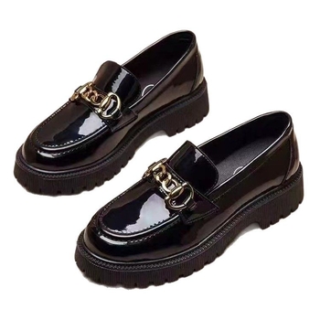 Crni ženski loaferi s platformom u britskom stilu, slip-on, PU koža, srednji pet.