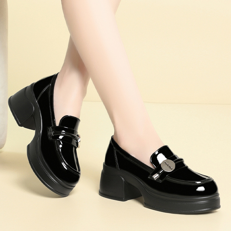 Ženske loaferice s povećanim visinom, crne PU kožne, britski stil, debeli pet, 3–5 cm, ljeto 2024