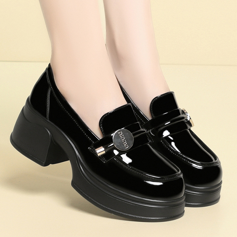 Ženske loaferice s povećanim visinom, crne PU kožne, britski stil, debeli pet, 3–5 cm, ljeto 2024