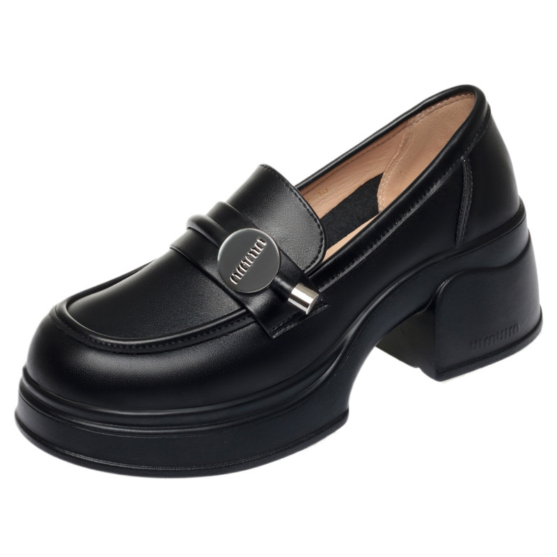 Ženske loaferice s povećanim visinom, crne PU kožne, britski stil, debeli pet, 3–5 cm, ljeto 2024