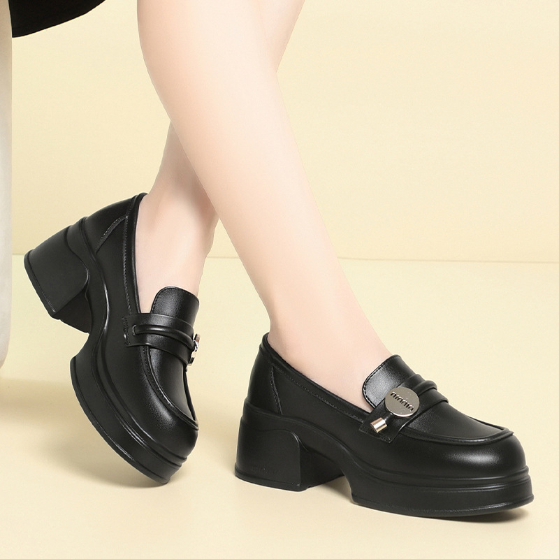 Ženske loaferice s povećanim visinom, crne PU kožne, britski stil, debeli pet, 3–5 cm, ljeto 2024