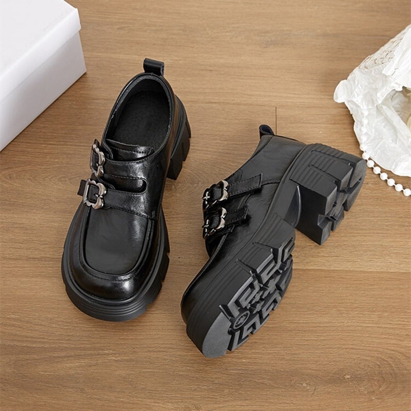 Ženske loaferice od pune kože goveda, britski retro stil, debeli peti, zatvarač na Velcro, crne, jesen-zima 2026 model