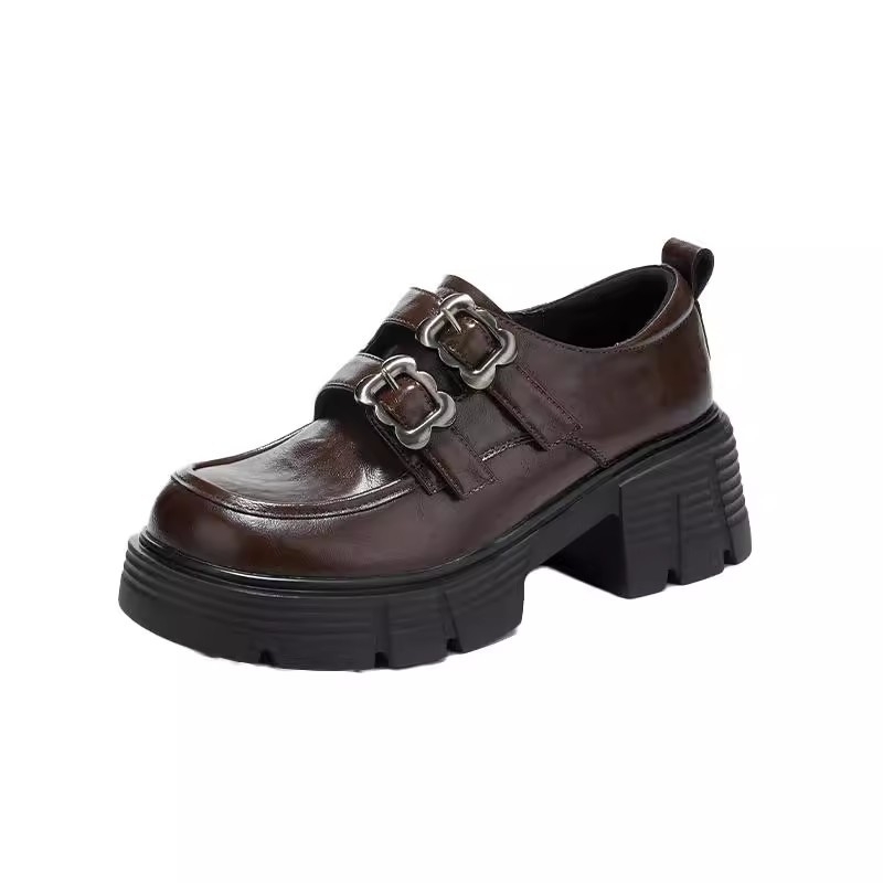 Ženske loaferice od pune kože goveda, britski retro stil, debeli peti, zatvarač na Velcro, crne, jesen-zima 2026 model