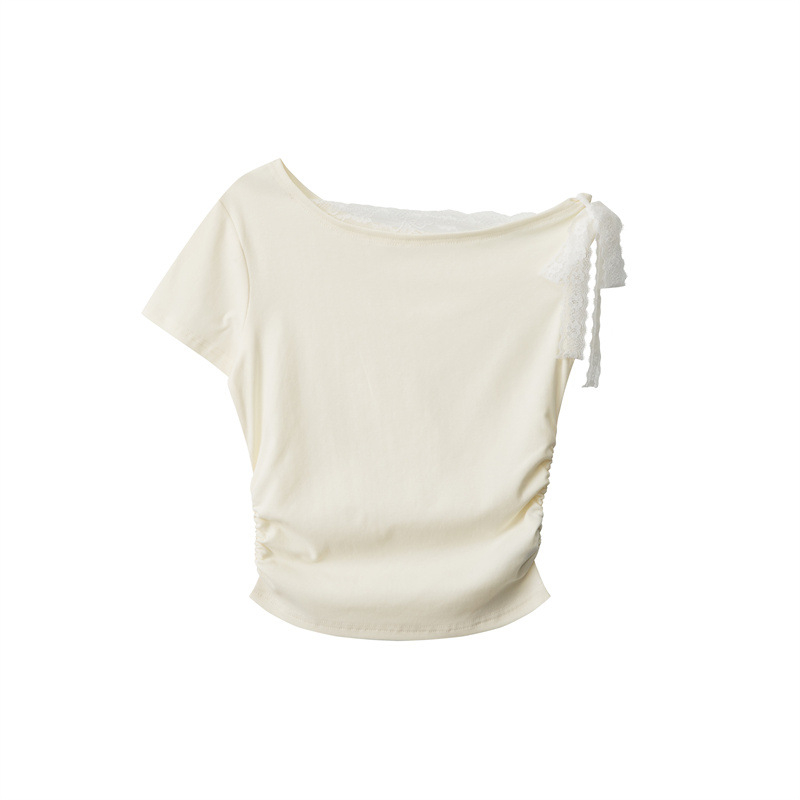 HeyHenry Ženski pamučni T-shirt s kosim ovratnikom, kratkim rukavom, plisirani detalj, jednobojna boja, uski kroj