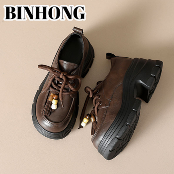 Ženski loafers od teleće kože s debelom potplatom, britanski stil, s prednjim vezicama, platforma 6–8 cm, prava koža