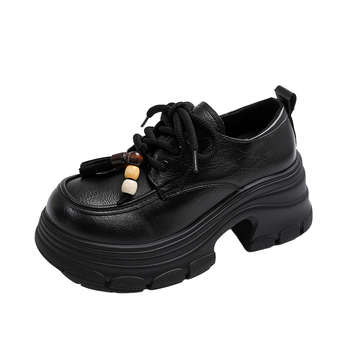 Ženski loafers od teleće kože s debelom potplatom, britanski stil, s prednjim vezicama, platforma 6–8 cm, prava koža