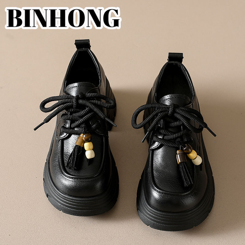 Ženski loafers od teleće kože s debelom potplatom, britanski stil, s prednjim vezicama, platforma 6–8 cm, prava koža