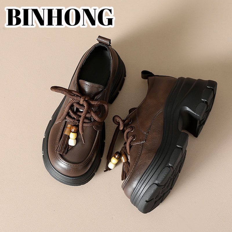 Ženski loafers od teleće kože s debelom potplatom, britanski stil, s prednjim vezicama, platforma 6–8 cm, prava koža