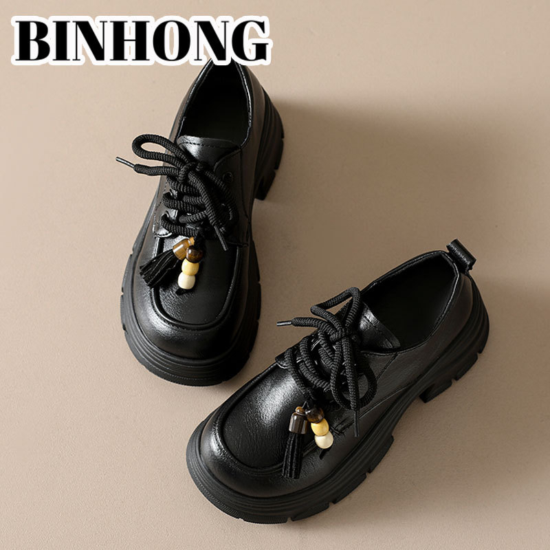 Ženski loafers od teleće kože s debelom potplatom, britanski stil, s prednjim vezicama, platforma 6–8 cm, prava koža