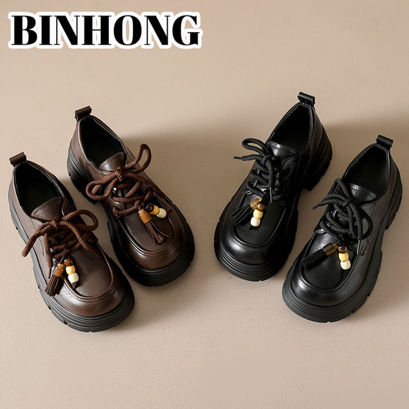 Ženski loafers od teleće kože s debelom potplatom, britanski stil, s prednjim vezicama, platforma 6–8 cm, prava koža