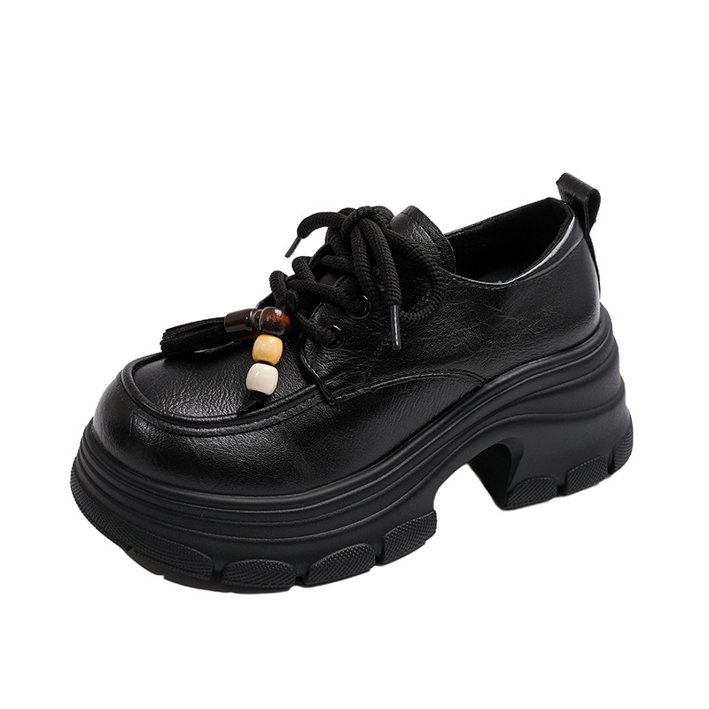Ženski loafers od teleće kože s debelom potplatom, britanski stil, s prednjim vezicama, platforma 6–8 cm, prava koža