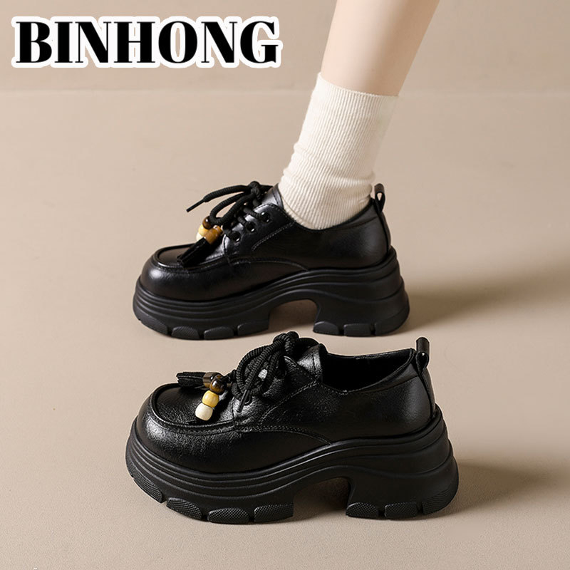 Ženski loafers od teleće kože s debelom potplatom, britanski stil, s prednjim vezicama, platforma 6–8 cm, prava koža