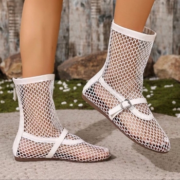 Botine romane din plasă pentru femei, decupate, negre, vârf rotund, talpă plată, 2026 primăvară-vară