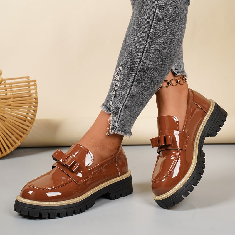 Damske loaferice s mašnicom, platforma, britanski stil, PU koža