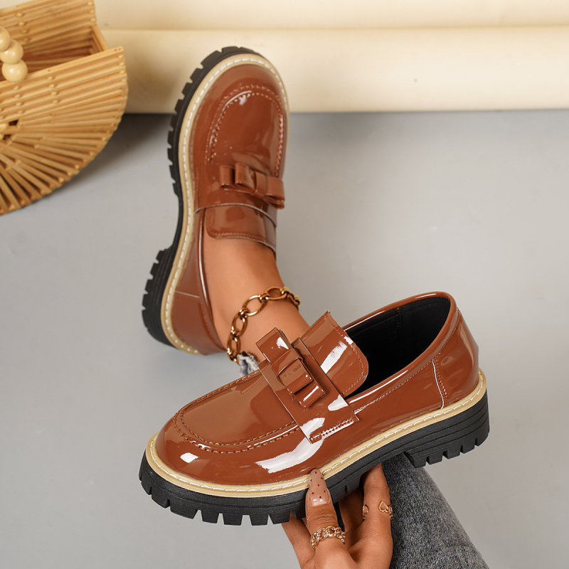 Damske loaferice s mašnicom, platforma, britanski stil, PU koža